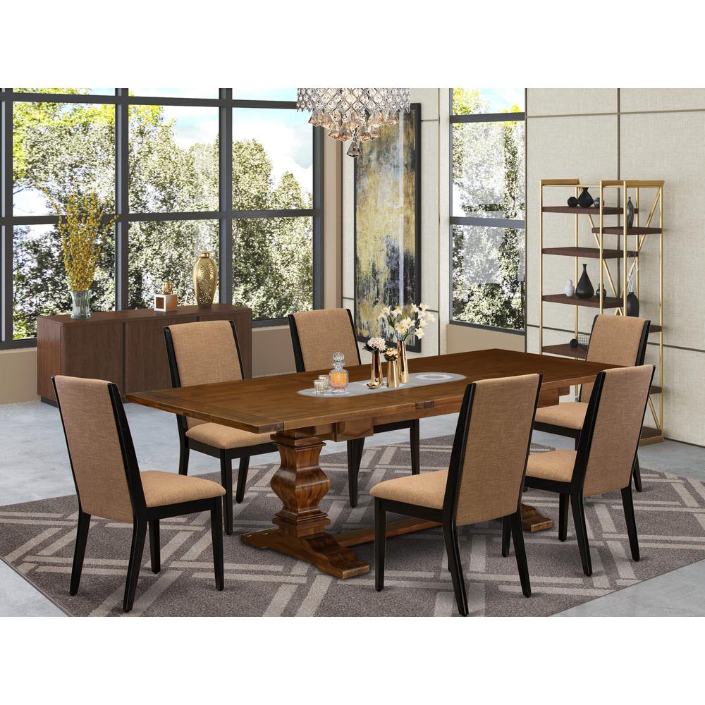 East West Furniture LALA7-81-47 7 Piece Dining Set Consist of a Rectangle Dining Room Table with Removable Leaf and 6 Light Sable Linen Fabric Parsons Chairs, 42x92 Inch, Walnut