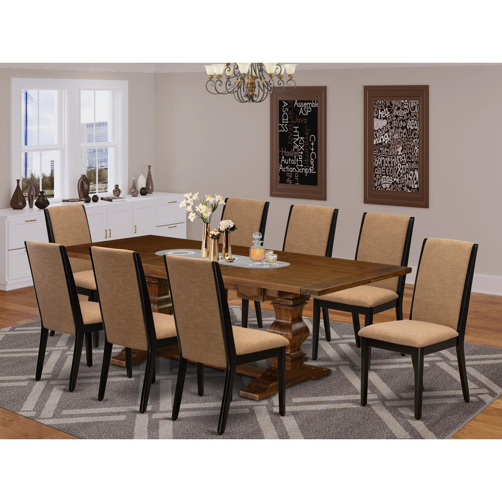 East West Furniture LALA9-81-47 9 Piece Dining Table Set Includes a Rectangle Removable Leaf Kitchen Table and 8 Light Sable Linen Fabric Upholstered Chairs, 42x92 Inch, Walnut