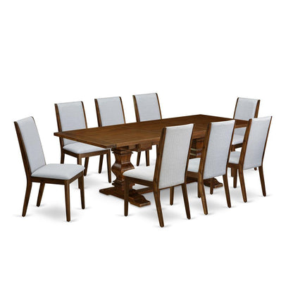 East West Furniture LALA9-88-05 9 Piece Dining Room Furniture Set Includes a Rectangle Wooden Table with Removable Leaf and 8 Grey Linen Fabric Upholstered Chairs, 42x92 Inch, Walnut