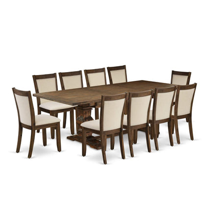 East West Furniture 11-Pcs Dinner Table Set - 1 Rectangular Dining Table with Double Pedestal and 10 Light Beige Linen Fabric Dining Chairs with Stylish Back - Distressed Jacobean Finish