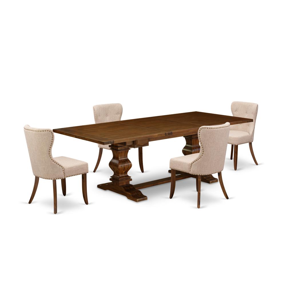 East-West Furniture LASI5-88-04 - A dining table set of 4 fantastic indoor dining chairs with Linen Fabric Linen Tan color and a gorgeous rectangular pedestal kitchen table with Antique Walnut