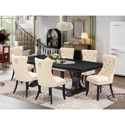 7 piece dining table set of a wooden table and 6 Linen Fabric dining room chairs