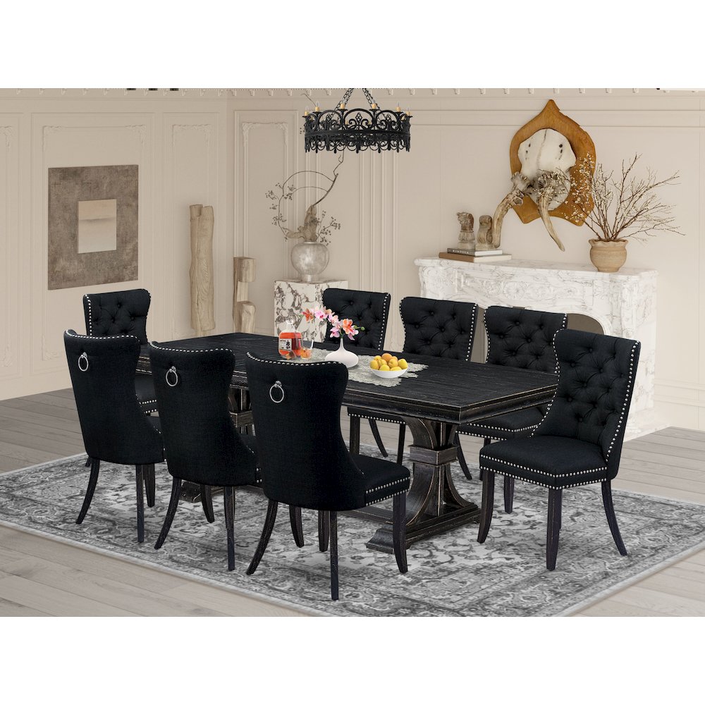 9 piece modern dining set of a dinner table and 8 Linen Fabric kitchen chairs