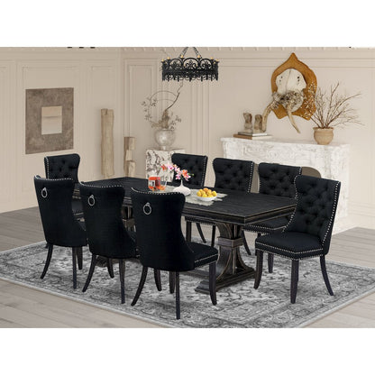9 piece modern dining set of a dinner table and 8 Linen Fabric kitchen chairs