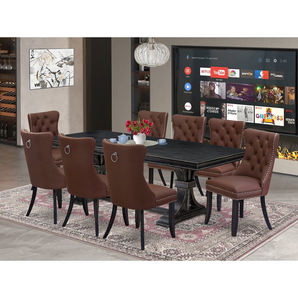 9 piece modern dining set a wooden table and 8 Faux Leather upholstered Chairs