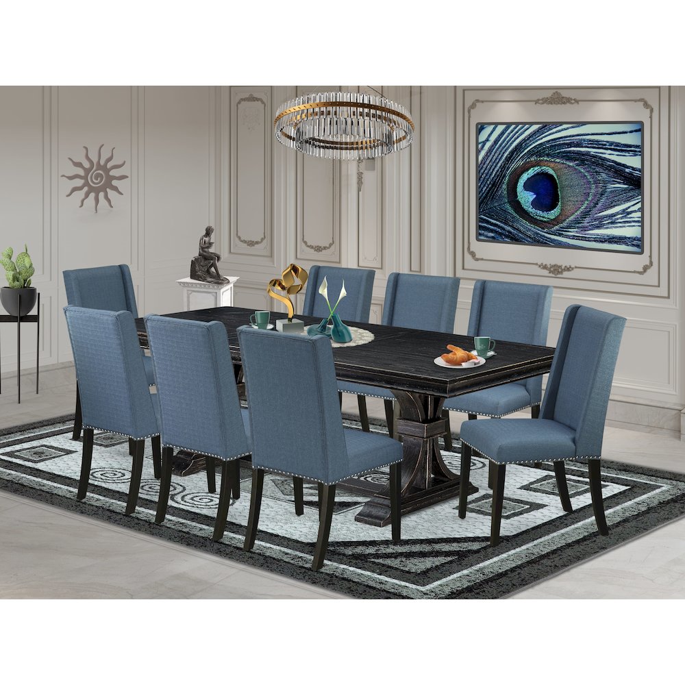 9 piece dining table set of a wooden table and 8 Linen Fabric upholstered chairs