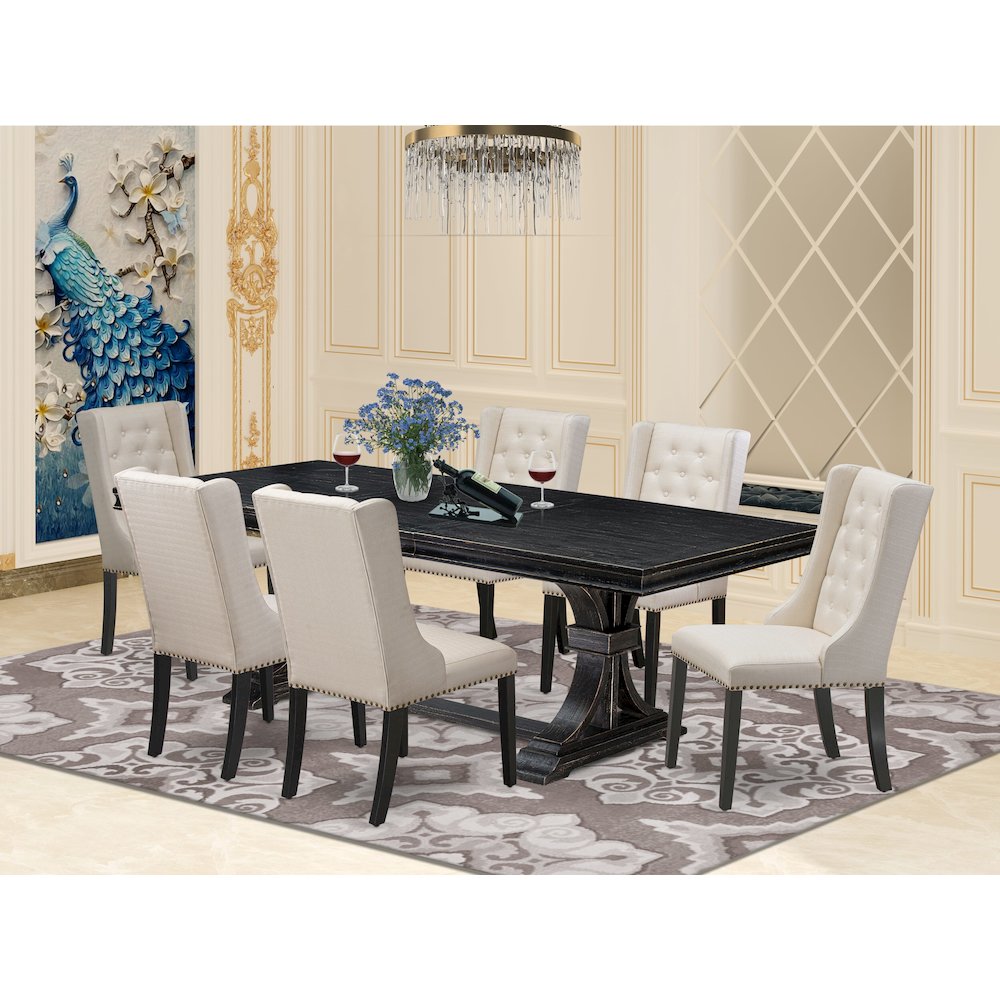 7 piece dining table set of a wooden table and 6 Linen Fabric dining chairs