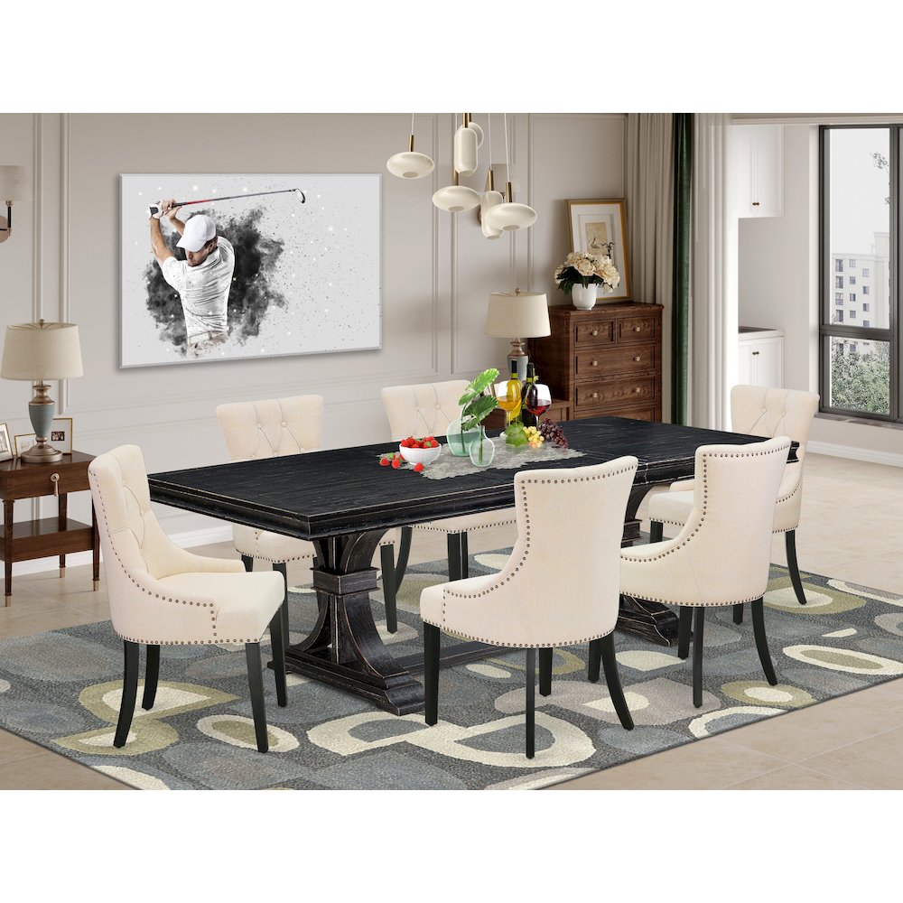 7 piece dining set of a wooden table and 6 dining chairs & black legs