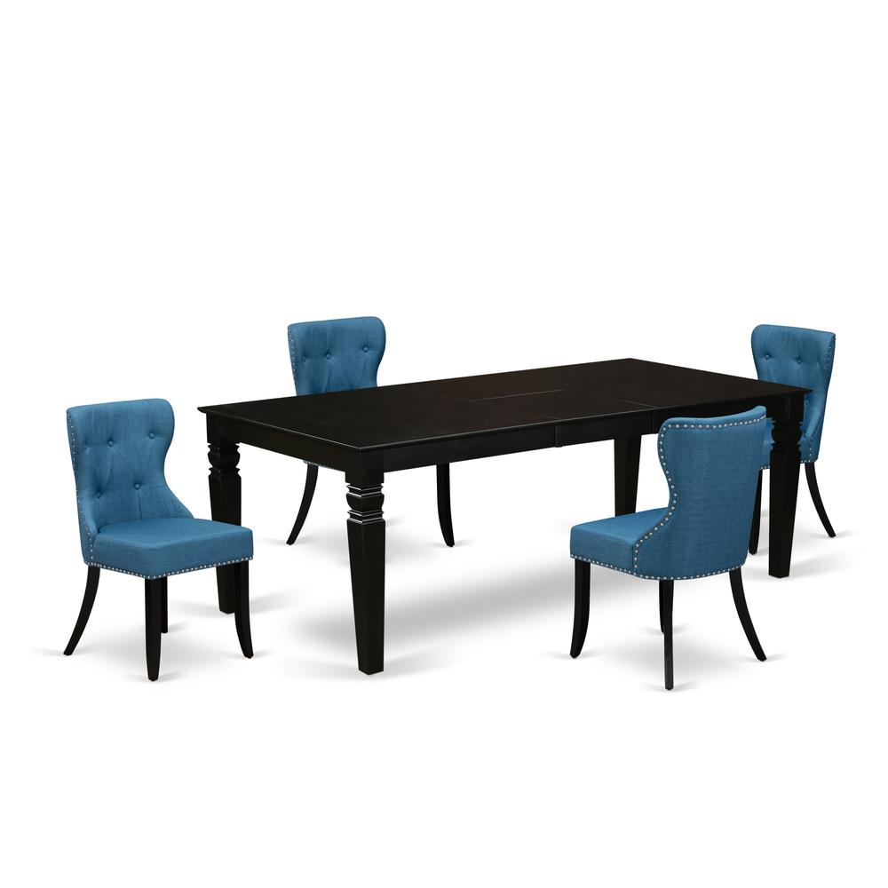 East-West Furniture LGSI5-BLK-21 - A wooden dining table set of 4 fantastic parson dining chairs with Linen Fabric Mineral Blue color and a gorgeous 18 butterfly leaf rectangle dining table using Bla"