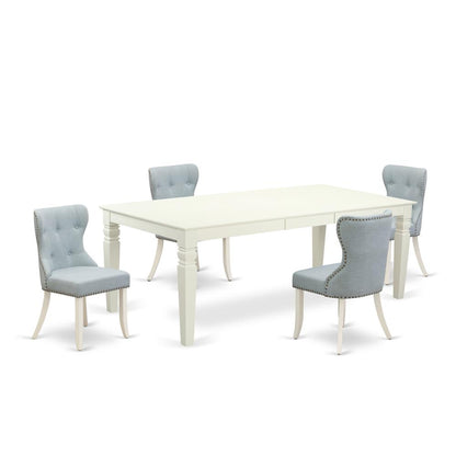 East-West Furniture LGSI5-LWH-15 - A modern dining table set of 4 wonderful dining chairs with Linen Fabric Baby Blue color and a wonderful wooden dining table with Linen White color