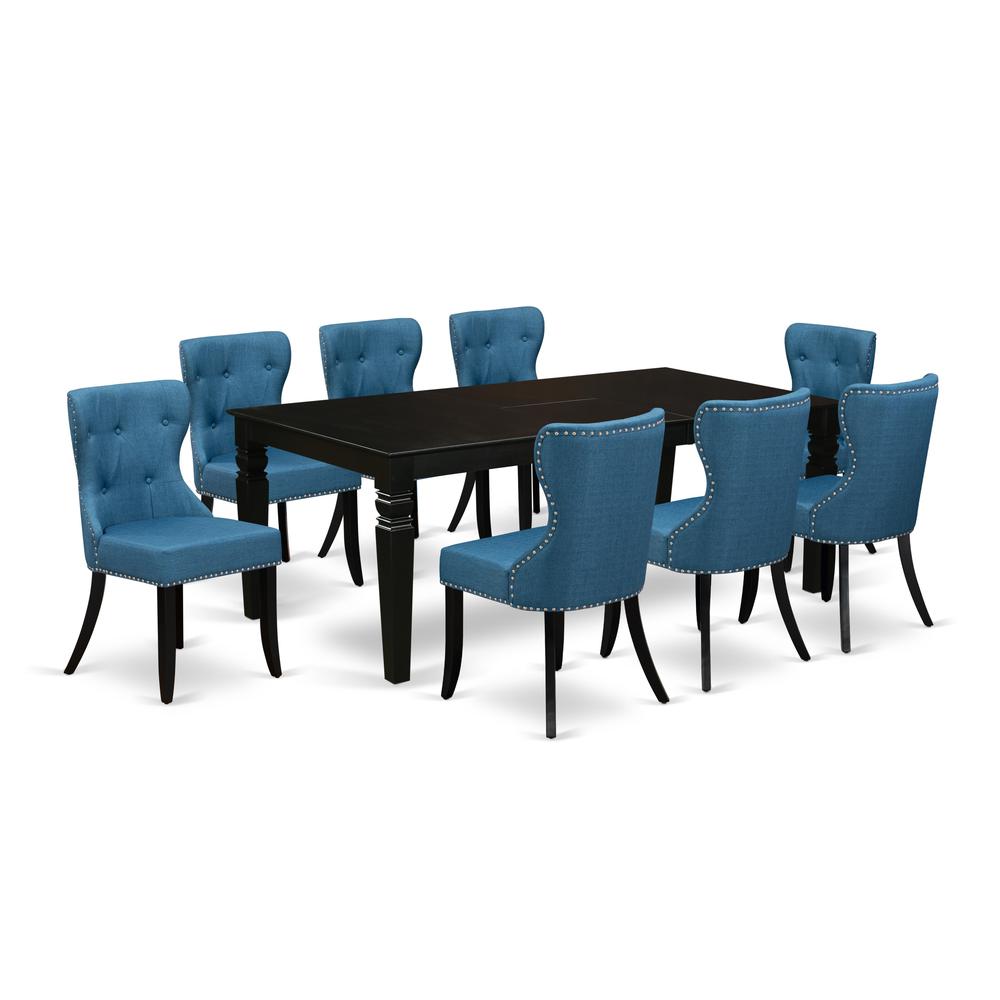 East-West Furniture LGSI9-BLK-21 - A dining room table set of 8 excellent parson dining chairs with Linen Fabric Mineral Blue color and an attractive 18 butterfly leaf rectangle kitchen table using B"