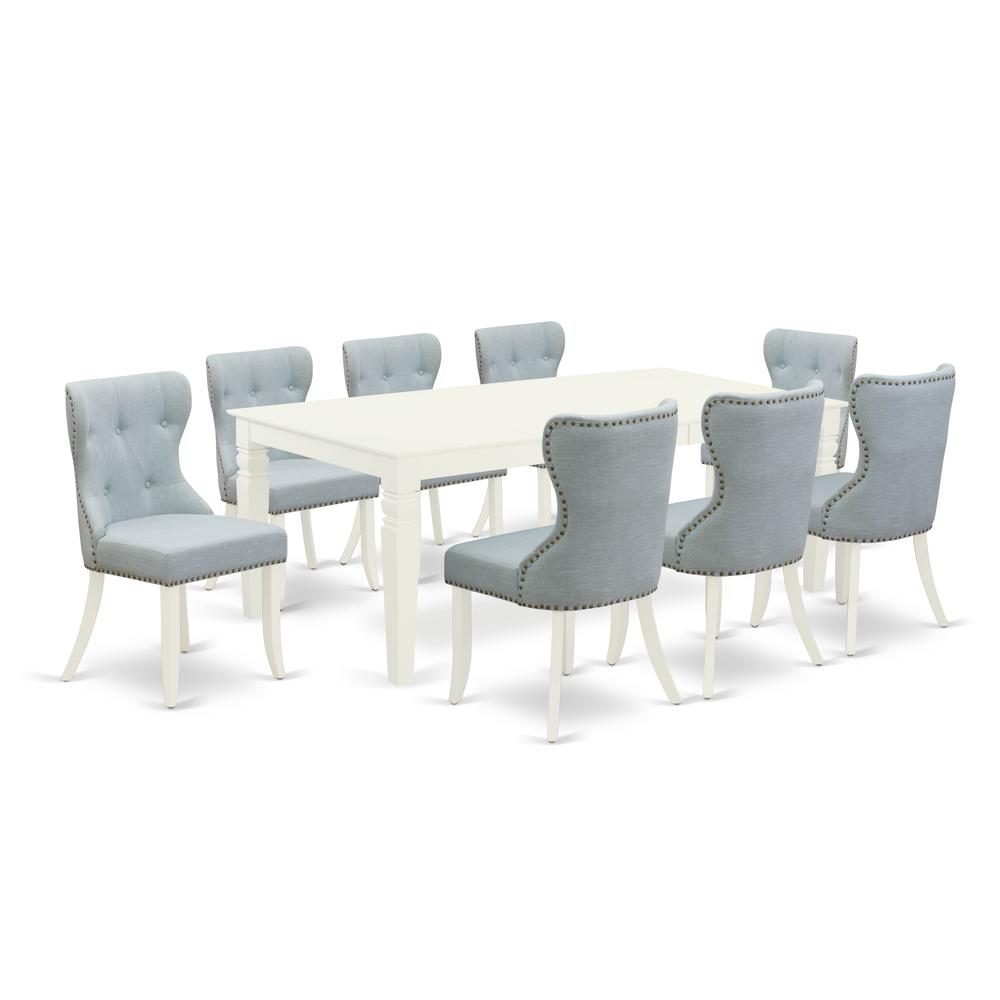 East-West Furniture LGSI9-LWH-15 - A kitchen table set of 8 excellent kitchen dining chairs with Linen Fabric Baby Blue color and a beautiful 18 butterfly leaf rectangle dining room table with Linen"