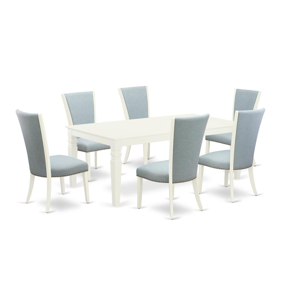East-West Furniture LGVE7-LWH-15 - A wooden dining table set of 6 amazing parson chairs with Linen Fabric Baby Blue color and a beautiful dining table with Linen White color