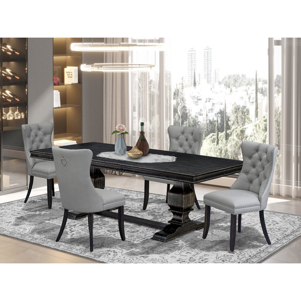 5 piece dining set includes a wooden table and 4 Faux Leather parson chairs