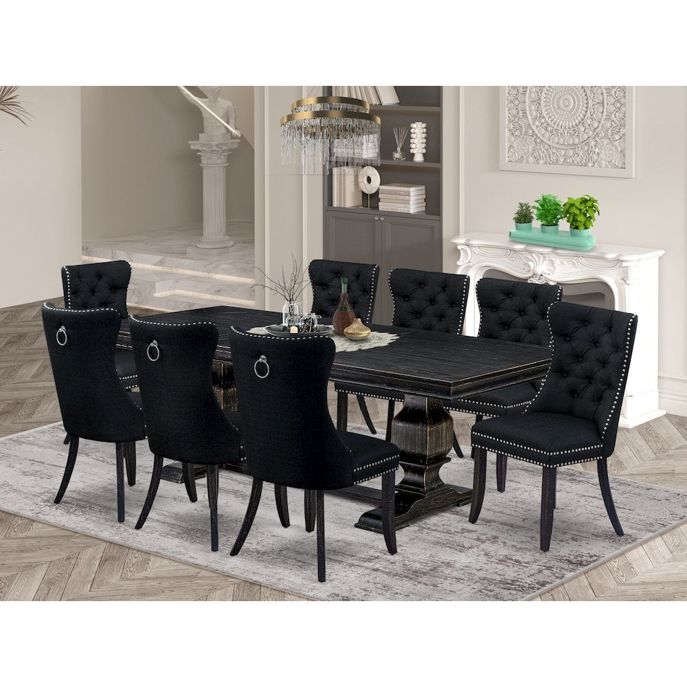 9 piece kitchen table set of a dining table and 8 Linen Fabric kitchen chairs