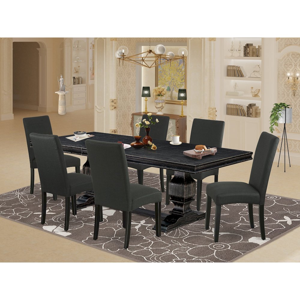 7 piece dining set consists of a wooden table and 6 Linen Fabric dining chairs