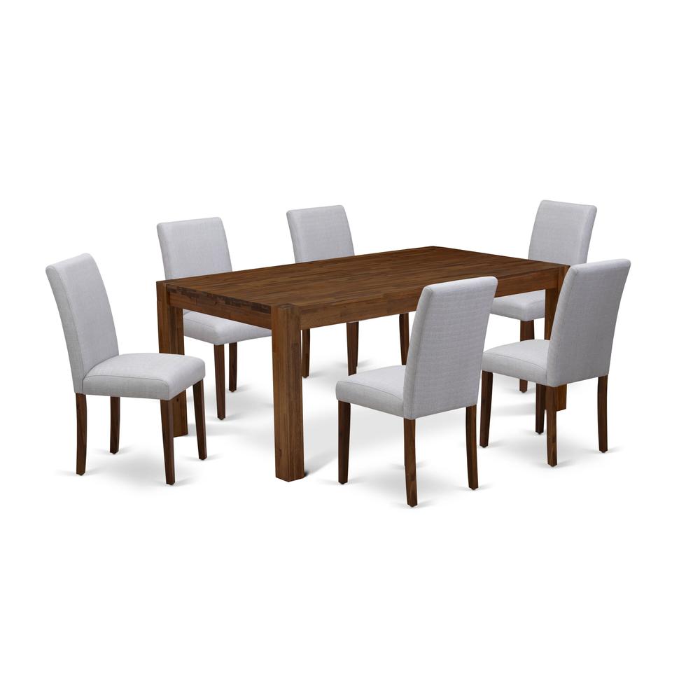 LMAB7-N8-05 - 7-Pc Kitchen Table Set- 6 Upholstered Dining Chairs and dining table - Grey Linen Fabric Seat and High Chair Back (Antique Walnut Finish)