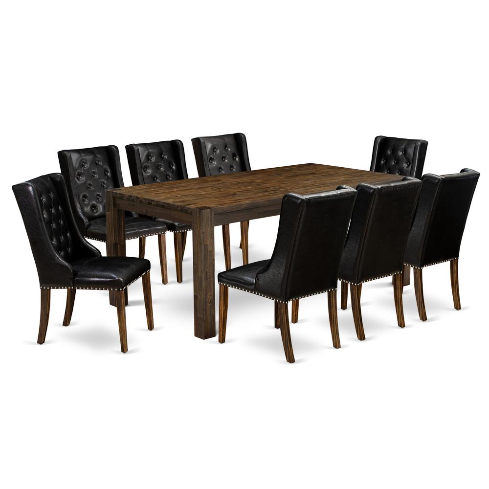 East West Furniture LMFO9-77-49 9-Pc Modern Dining Table Set Includes 1 Dining Table and 8 Black Linen Fabric Dining Chairs with Button Tufted Back - Distressed Jacobean Finish
