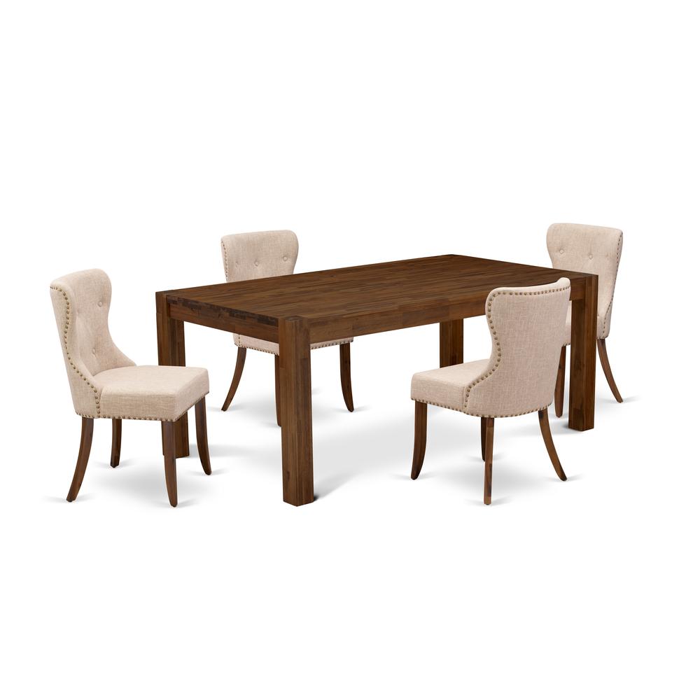 East West Furniture LMSI5-N8-04 5-Piece Dining Room Set- 4 Dining Chairs with Light Tan Linen Fabric Seat and Button Tufted Chair Back - Rectangular Top & Wooden 4 Legs - Antique Walnut Finish