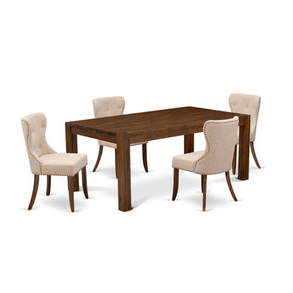 East West Furniture LMSI5-N8-04 5-Piece Dining Room Set- 4 Dining Chairs with Light Tan Linen Fabric Seat and Button Tufted Chair Back - Rectangular Top & Wooden 4 Legs - Antique Walnut Finish