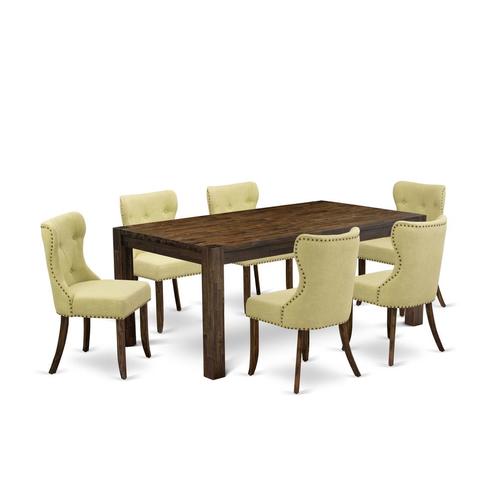 East West Furniture LMSI7-77-37 7-Piece Dining Room Table Set- 6 Dining Chair with Limelight Linen Fabric Seat and Button Tufted Chair Back - Rectangular Table Top & Wooden 4 Legs - Distressed Jacobea