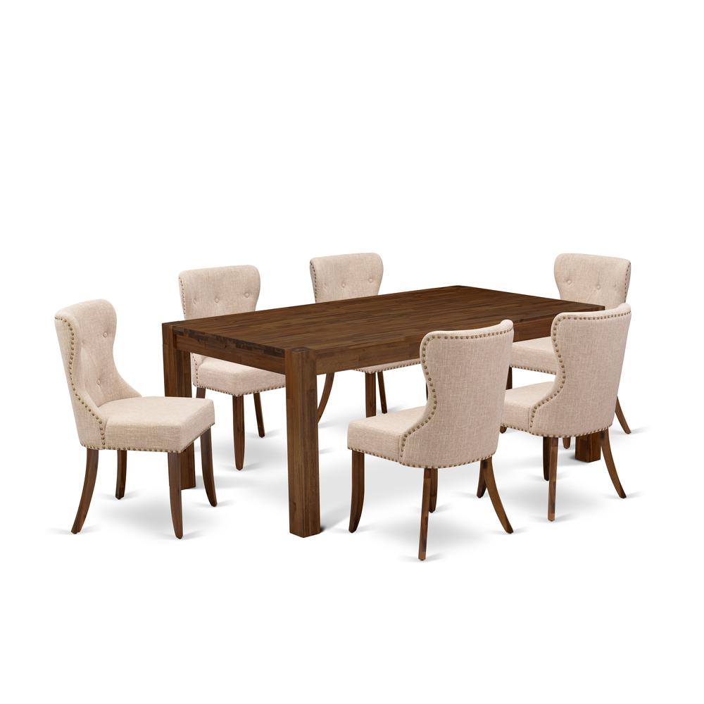 East West Furniture LMSI7-N8-04 7-Piece Kitchen Dining Set- 6 Kitchen Parson Chairs with Light Tan Linen Fabric Seat and Button Tufted Chair Back - Rectangular Table Top & Wooden 4 Legs - Antique Waln