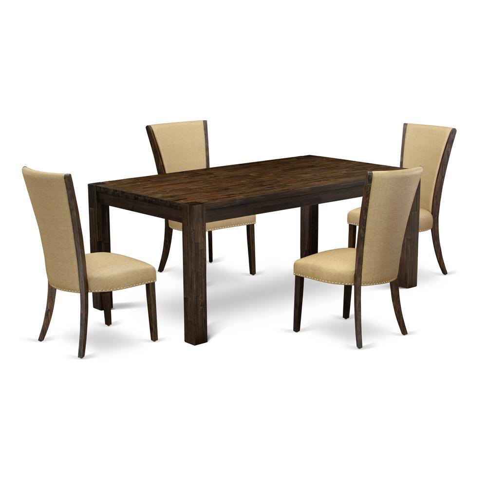 East West Furniture - LMVE5-77-03 - 5-Pc Dining Room Table Set- 4 Parson Dining Chairs and Modern Dining Table - Brown Linen Fabric Seat and Stylish Chair Back - Distressed Jacobean Finish