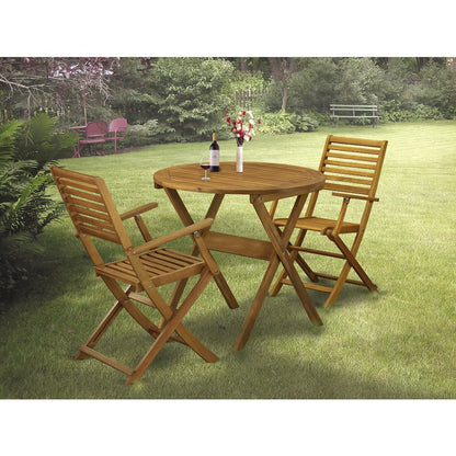 East West Furniture 3-Piece Folding Patio Set Contains a Folding Patio Table and 2 Outdoor Bistro Chairs Suitable for Garden, Terrace, Bistro, and Porch - Natural Oil Finish