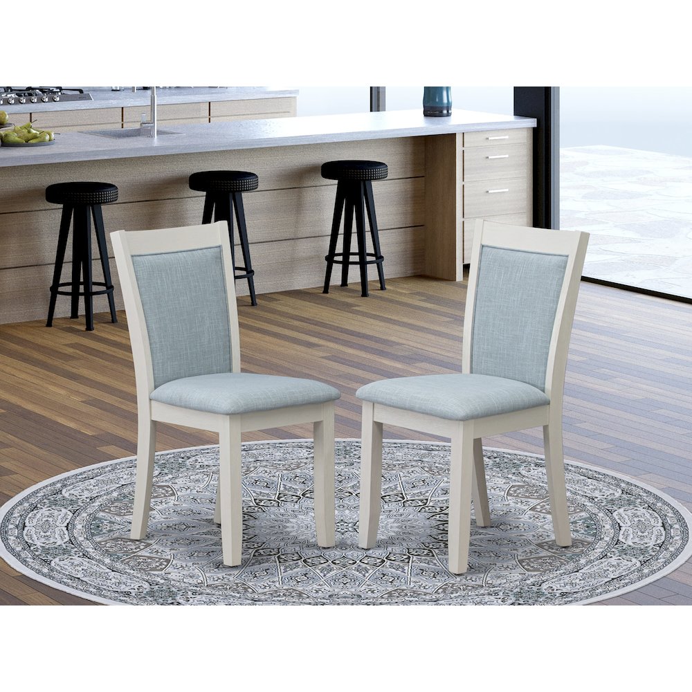 V026MZ015-6 6-Pc Table Set Contains a Wood Table - 4 Baby Blue Parson Chairs and a Small Bench - Wire Brushed Linen White Finish