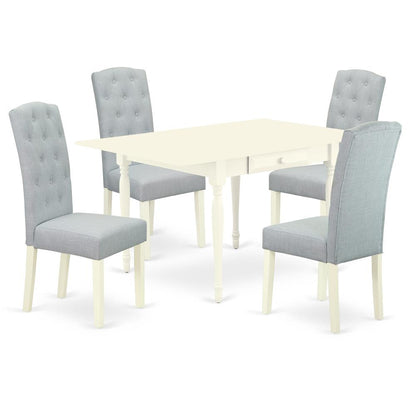 1MZCE5-LWH-15 5Pc Dinette Sets for Small Spaces Includes a Small Kitchen Table and 4 Parson Chairs with Baby Blue Color Linen Fabric, Drop Leaf Table with Full Back Chairs, Linen White Finish