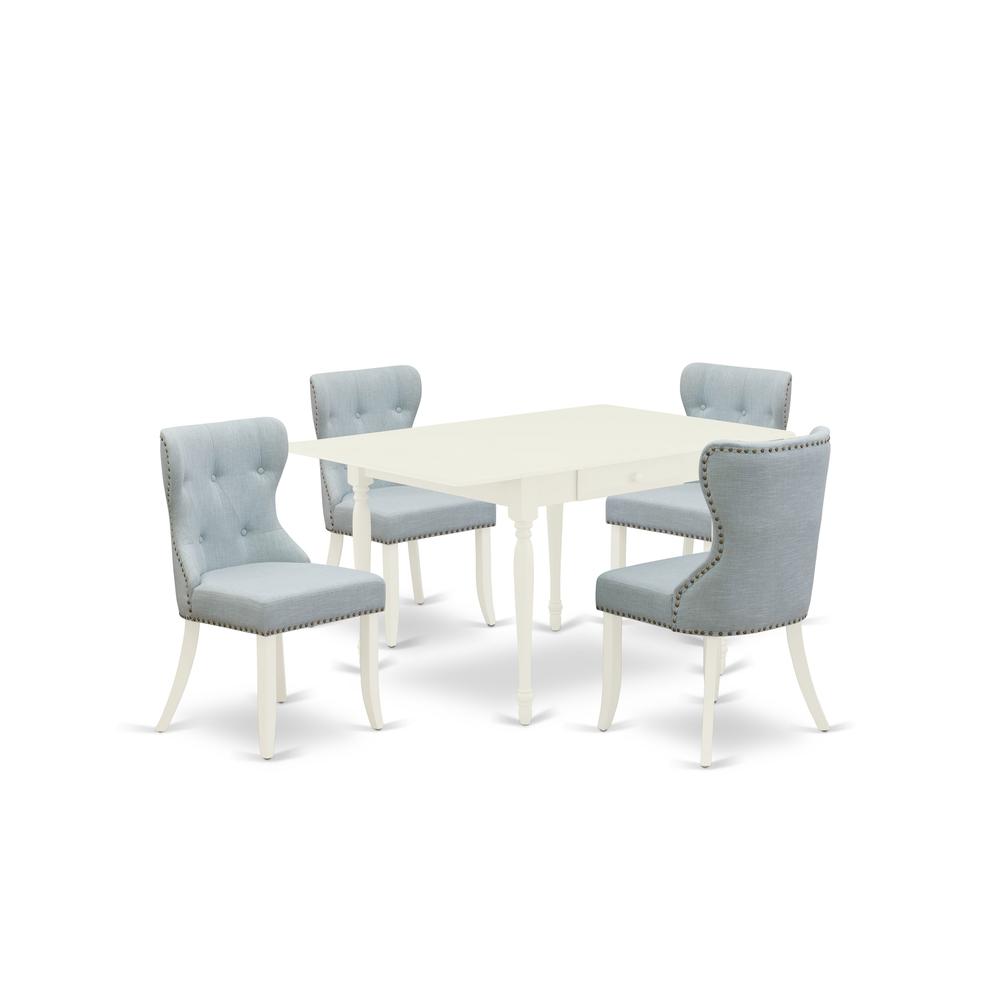 East-West Furniture MZSI5-LWH-15 - A wooden dining table set of 4 wonderful dining room chairs with Linen Fabric Baby Blue color and a beautiful drop leaf rectangle kitchen table with Linen White colo