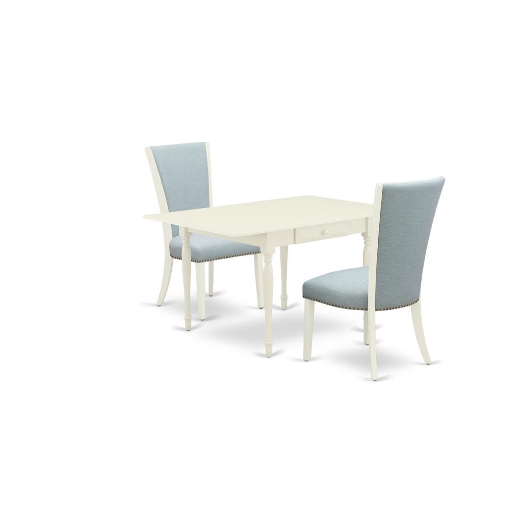 East-West Furniture MZVE3-LWH-15 - A dinette set of two wonderful indoor dining chairs with Linen Fabric Baby Blue color and a fantastic drop leaf rectangle kitchen table with Linen White color