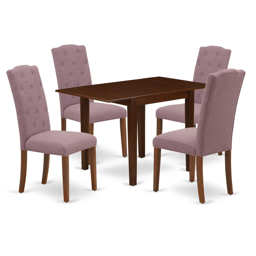 1NDCE5-MAH-10 Dining Set 5 Pc - 4 Kitchen Chairs and a Wooden Table - Mahogany Finish Solid wood - Dahlia Color Linen Fabric