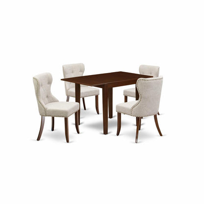 East-West Furniture NDSI5-MAH-35 - A dining set of 4 wonderful parson dining chairs with Linen Fabric Doeskin color and an attractive dining table with Mahogany Finish