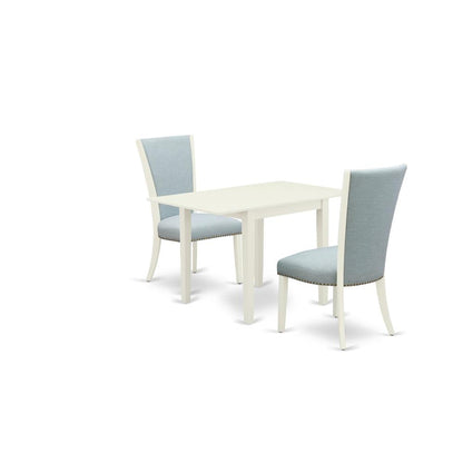 East-West Furniture NDVE3-LWH-15 - A dining table set of two wonderful dining chairs with Linen Fabric Baby Blue color and an attractive drop leaf rectangle kitchen table with Linen White color