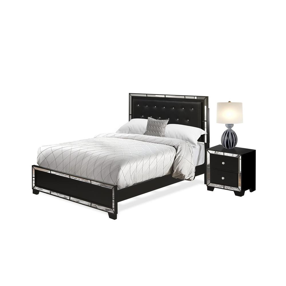 NE11-Q1N000 2-PC Nella Bedroom Set with Button Tufted Queen Bed and Small Nightstand - Black Leather Headboard and Black legs