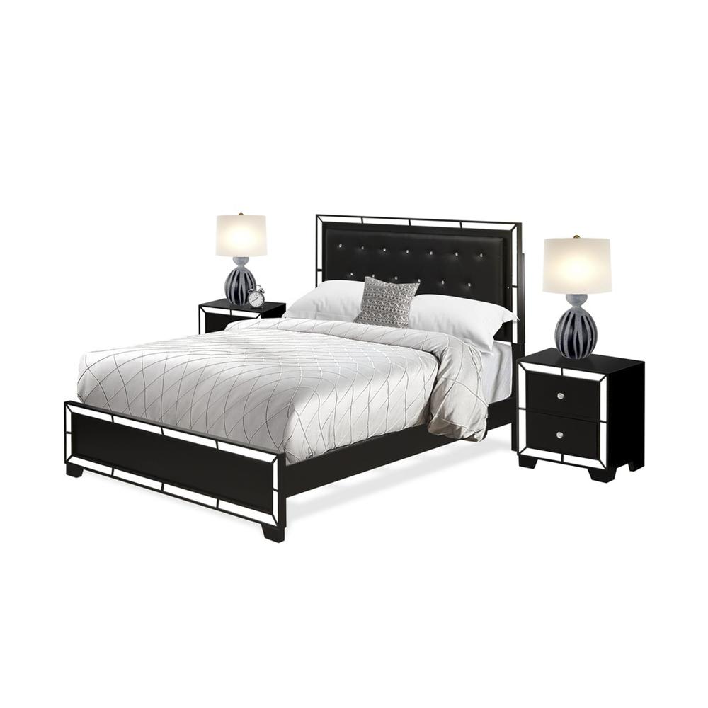 NE11-Q2N000 3-PC Nella Bedroom Set with Button Tufted Queen Bedframe and 2 Modern Nightstands - Black Leather Headboard and legs