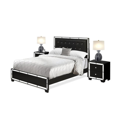 NE11-Q2N000 3-PC Nella Bedroom Set with Button Tufted Queen Bedframe and 2 Modern Nightstands - Black Leather Headboard and legs
