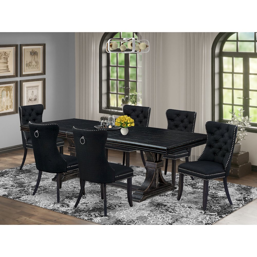 7 piece dining room set of a wooden table and 6 Linen Fabric kitchen chairs