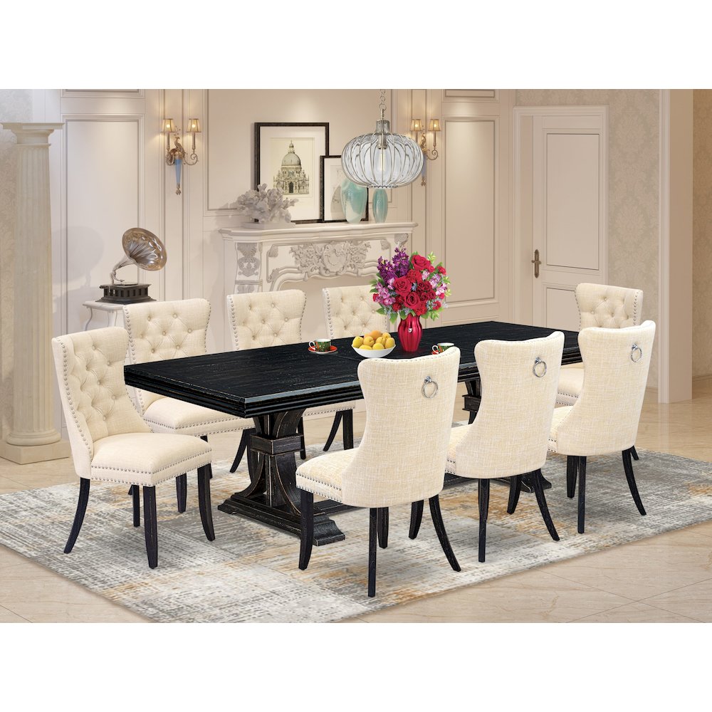 9 piece dining table set of a dinner table and 8 Linen Fabric dining chairs