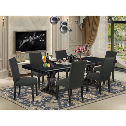 7 piece kitchen table set of a wooden table and 6 upholstered chairs