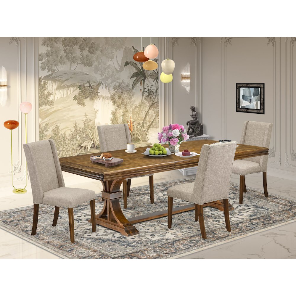 5 piece dining room set of a wooden table and 4 Linen Fabric upholstered chairs