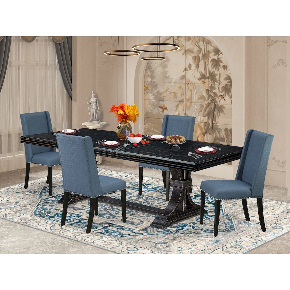 5 piece kitchen dining set of a dining table and 4 Linen Fabric dining chairs