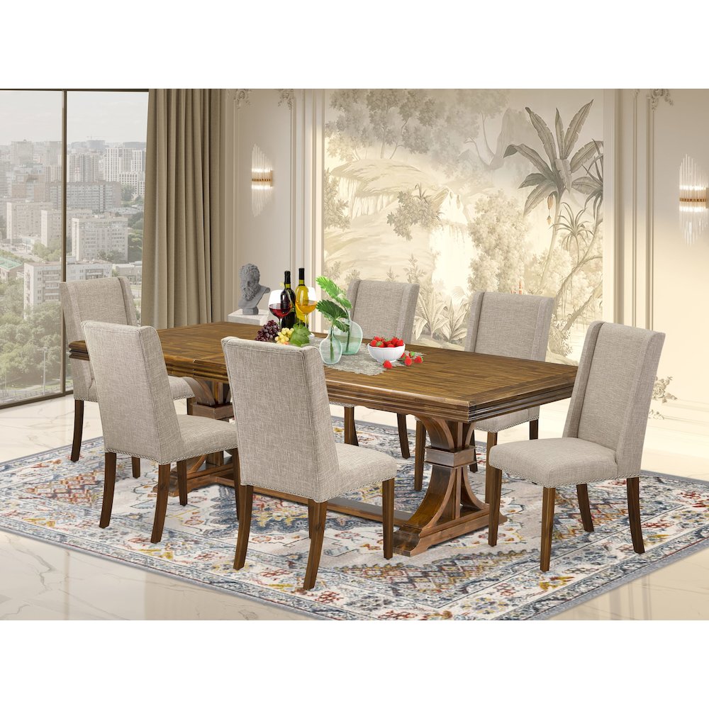 7 piece dining table set a rectangular table and 6 Linen Fabric kitchen chairs