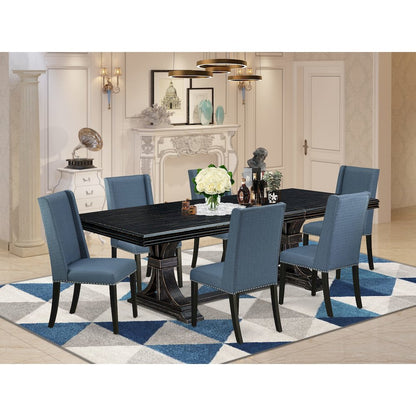 7 piece modern dining set of a dining table and 6 upholstered chairs