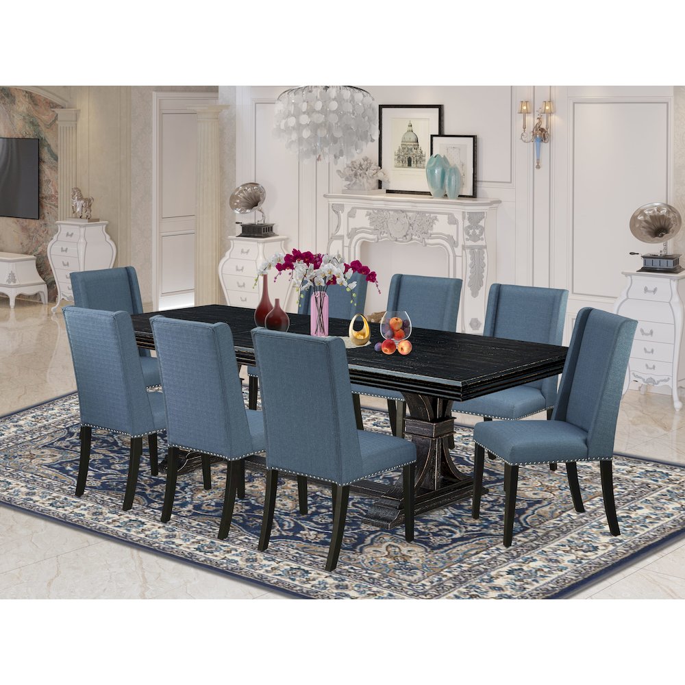 9 piece kitchen table set of a dining table and 8 Linen Fabric dining chairs