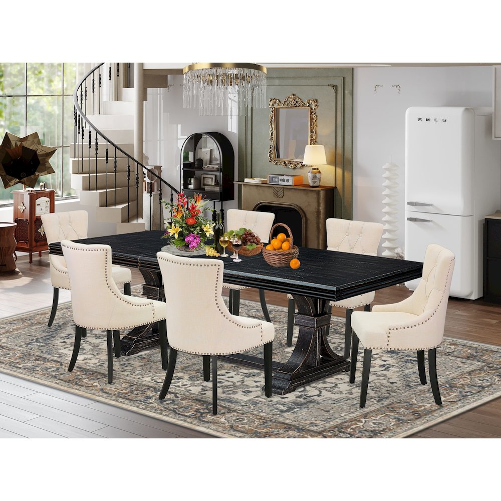 7 piece dining set of a dinner table and 6 modern chairs & black legs