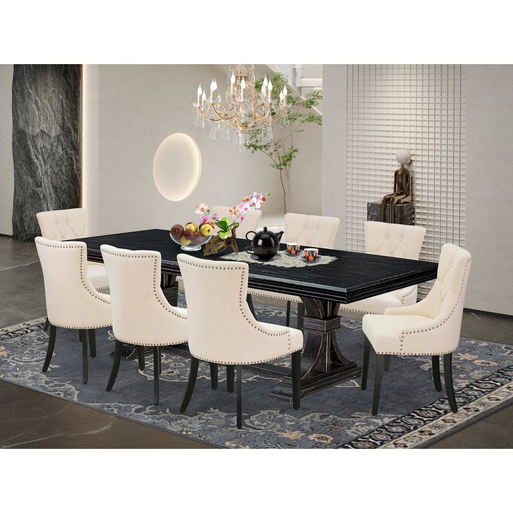 9 piece dining set a wooden table and 8 Linen Fabric dining chairs & black legs