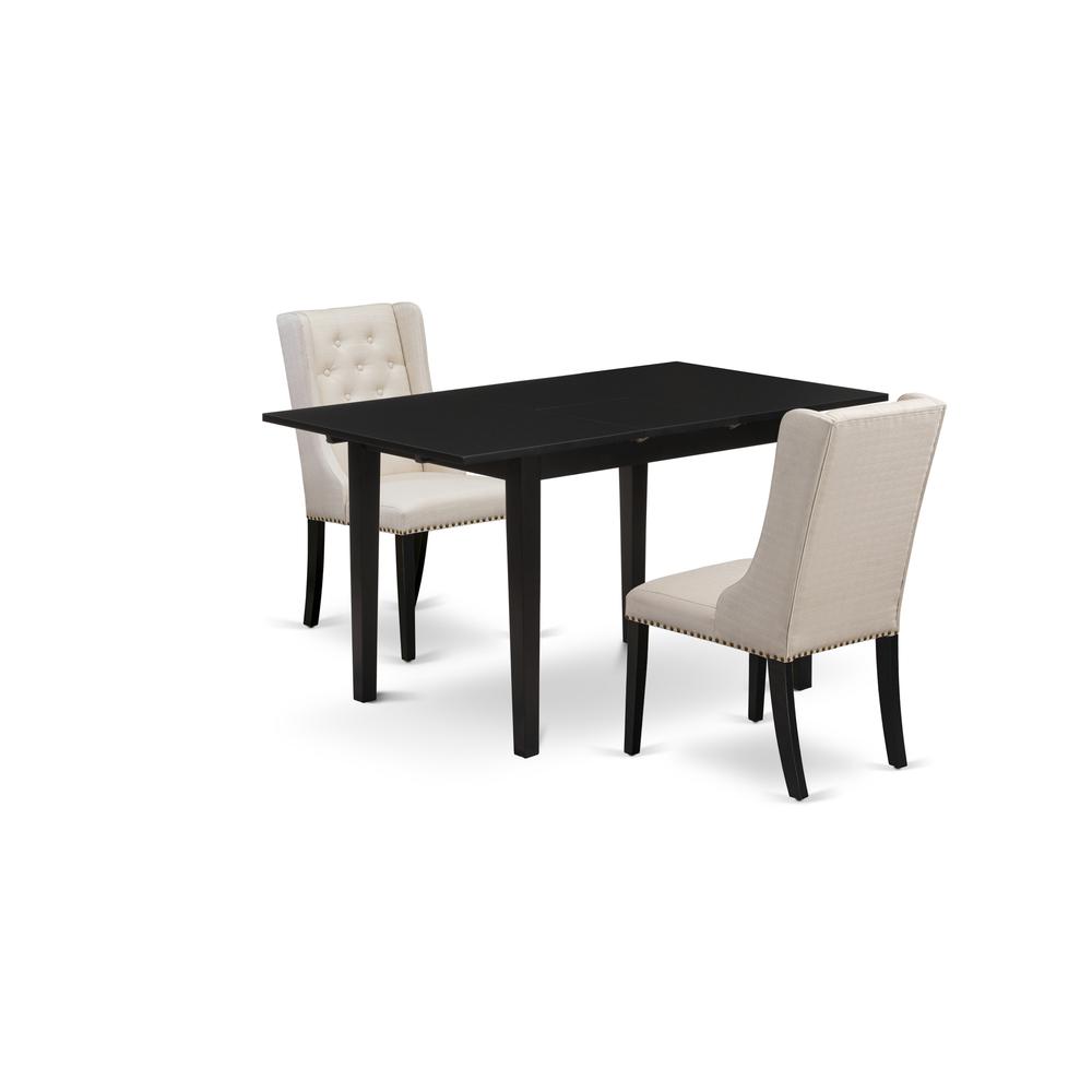 East West Furniture NFFO3-BLK-01 3-Pc Kitchen Table Set Includes 1 Butterfly Leaf Rectangular Dining Table and 2 Cream Linen Fabric Upholstered Dining Chairs with Button Tufted Back - Black Finish