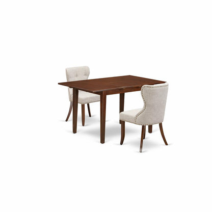 East-West Furniture NFSI3-MAH-35 - A wooden dining table set of two amazing indoor dining chairs with Linen Fabric Doeskin color and an attractive mid-century dining table with Mahogany Finish